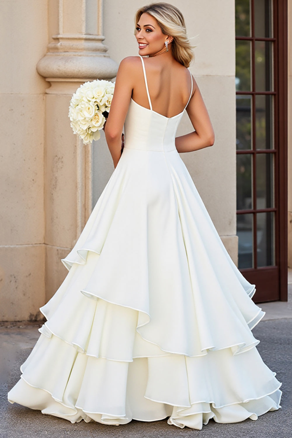 Ivory A Line V Neck Tiered Long Wedding Dress with Ruffles - Image 2