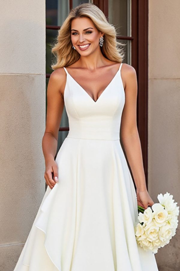 Ivory A Line V Neck Tiered Long Wedding Dress with Ruffles - Image 3