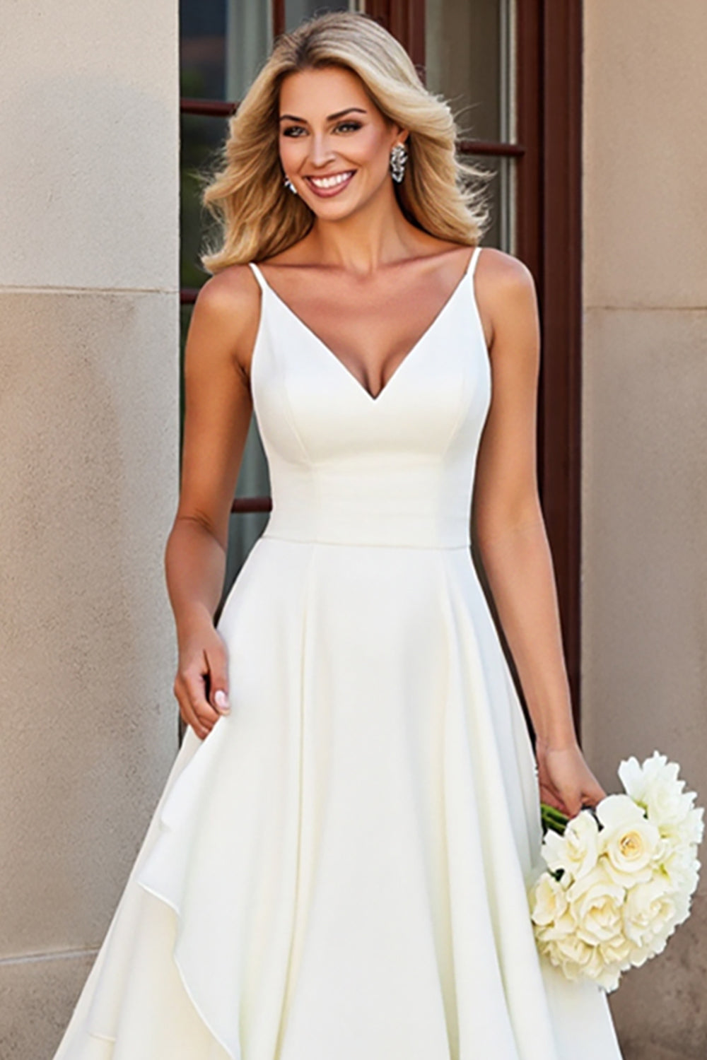 Ivory A Line V Neck Tiered Long Wedding Dress with Ruffles - Image 3
