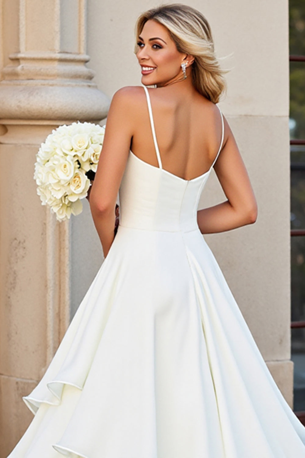 Ivory A Line V Neck Tiered Long Wedding Dress with Ruffles - Image 4