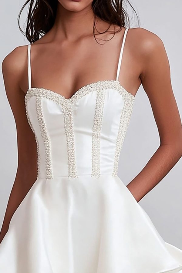 Ruffled A Line Satin White Graduation Dress - Image 2