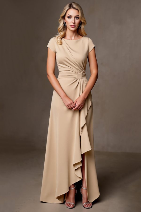 Ruffled A Line Champagne Wedding Guest Dress with Slit - Image 1