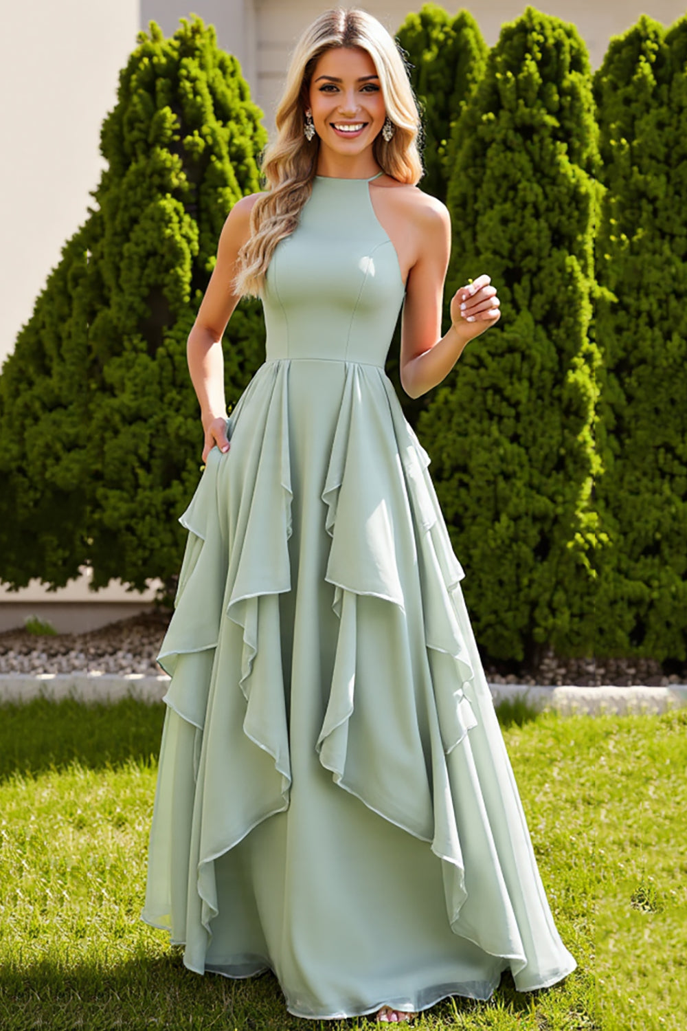Ruffled A Line Halter Sage Green Bridesmaid Dress - Image 1