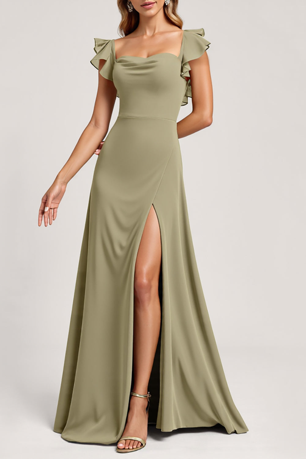 Ruffled A Line Olive Bridesmaid Dress with Slit - Image 1