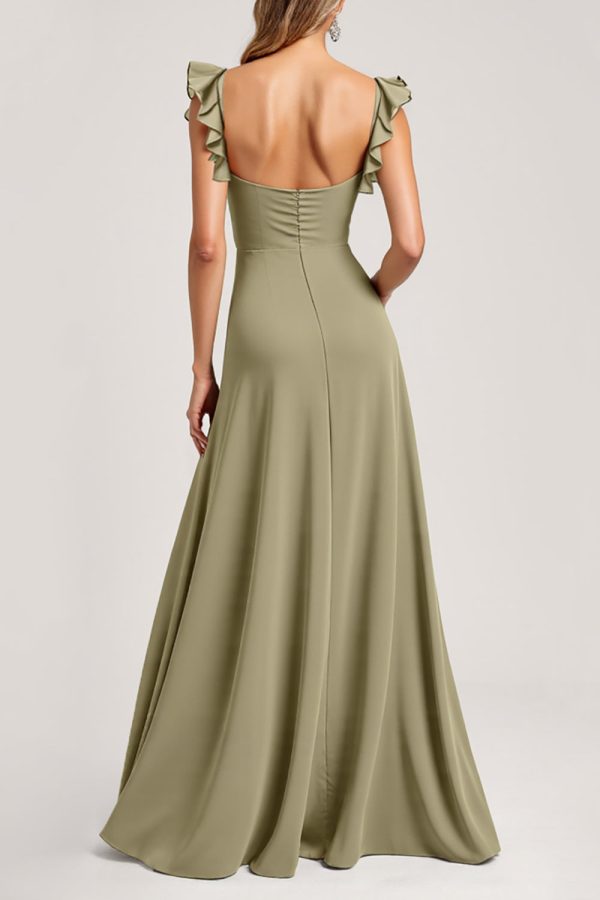 Ruffled A Line Olive Bridesmaid Dress with Slit - Image 2