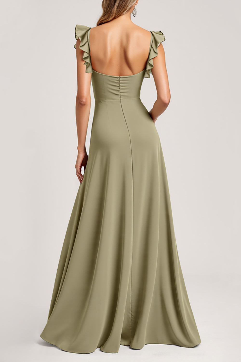 Ruffled A Line Olive Bridesmaid Dress with Slit - Image 2