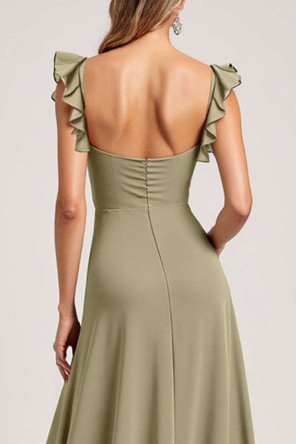 Ruffled A Line Olive Bridesmaid Dress with Slit - Image 5