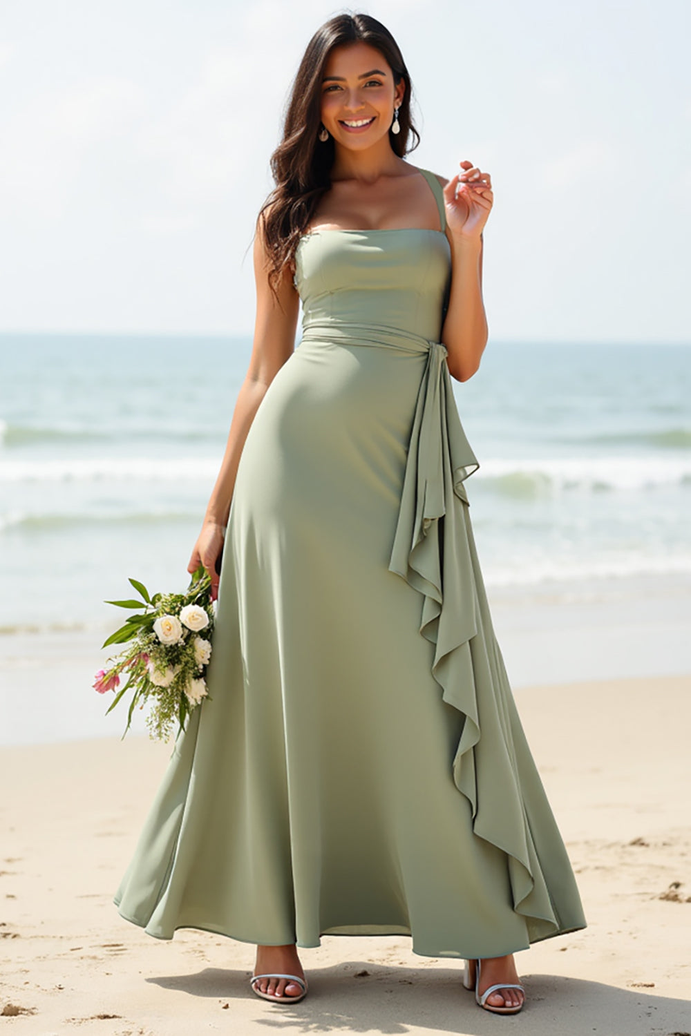 Ruffled A Line Chiffon Dusty Sage Bridesmaid Dress - Image 1