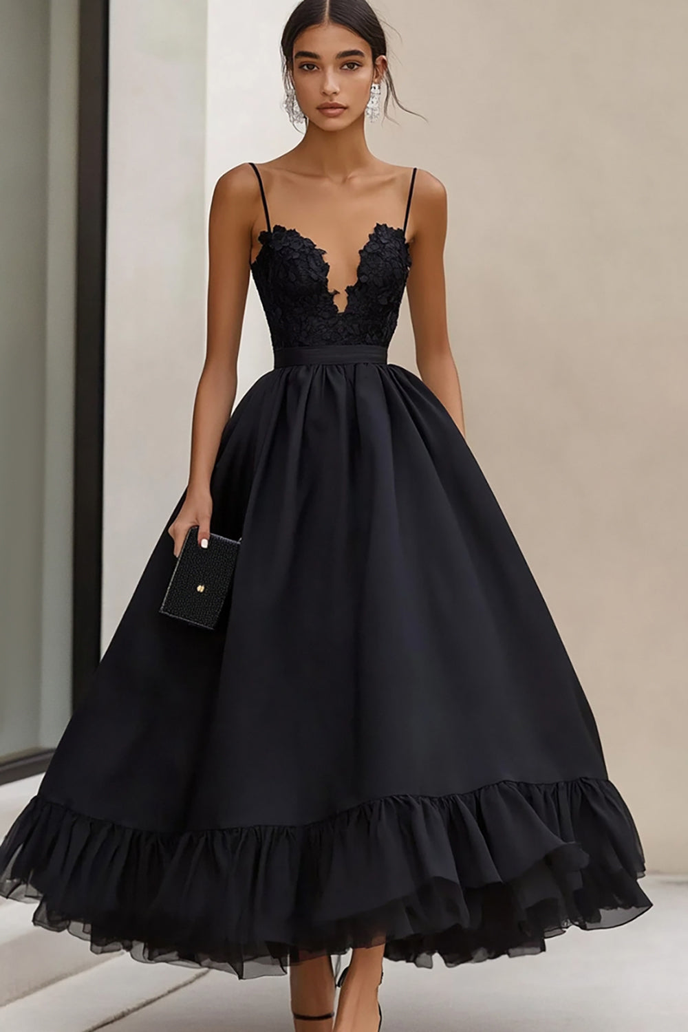 Ruffled Tea Length A Line Black Tie Dress with Appliques - Image 1