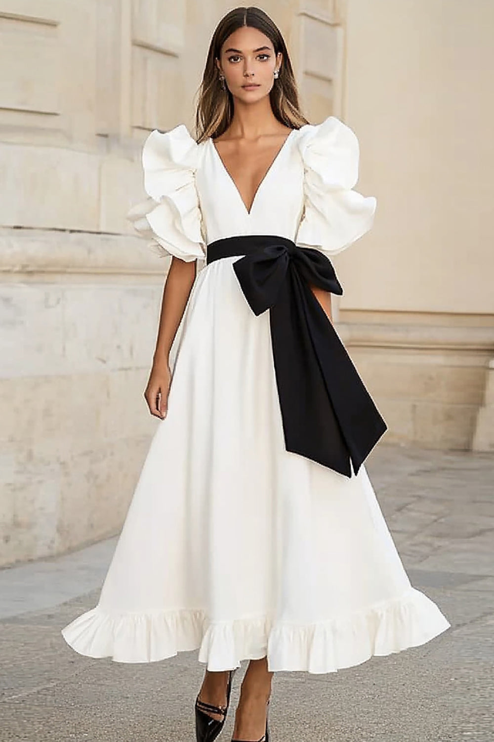 Ruffled White A Line Formal Dress with Bow - Image 1