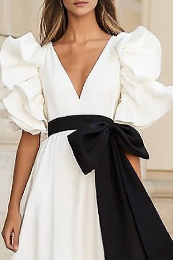 Ruffled White A Line Formal Dress with Bow - Image 2