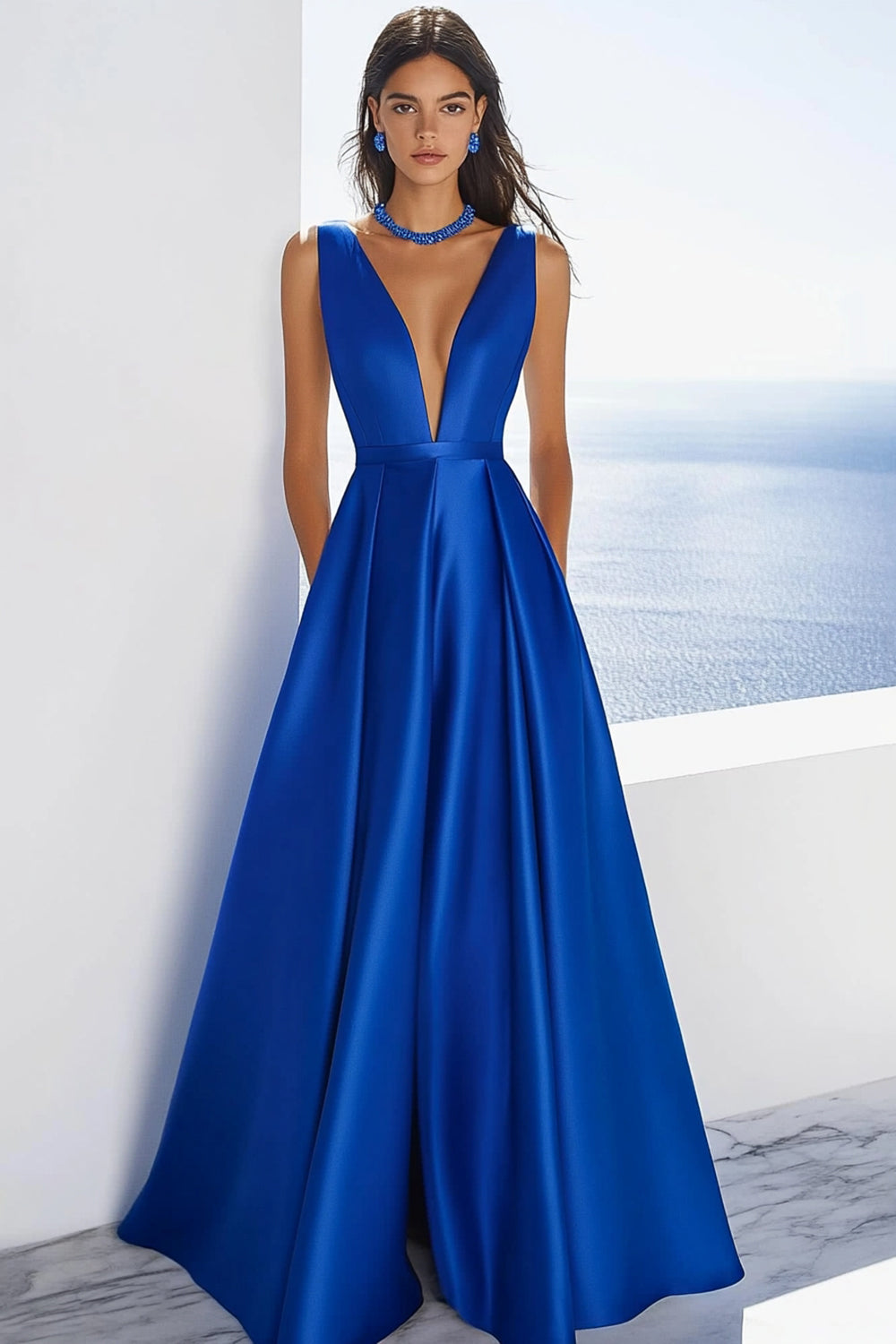 Royal Blue Satin A Line Long Formal Dress - Image 1