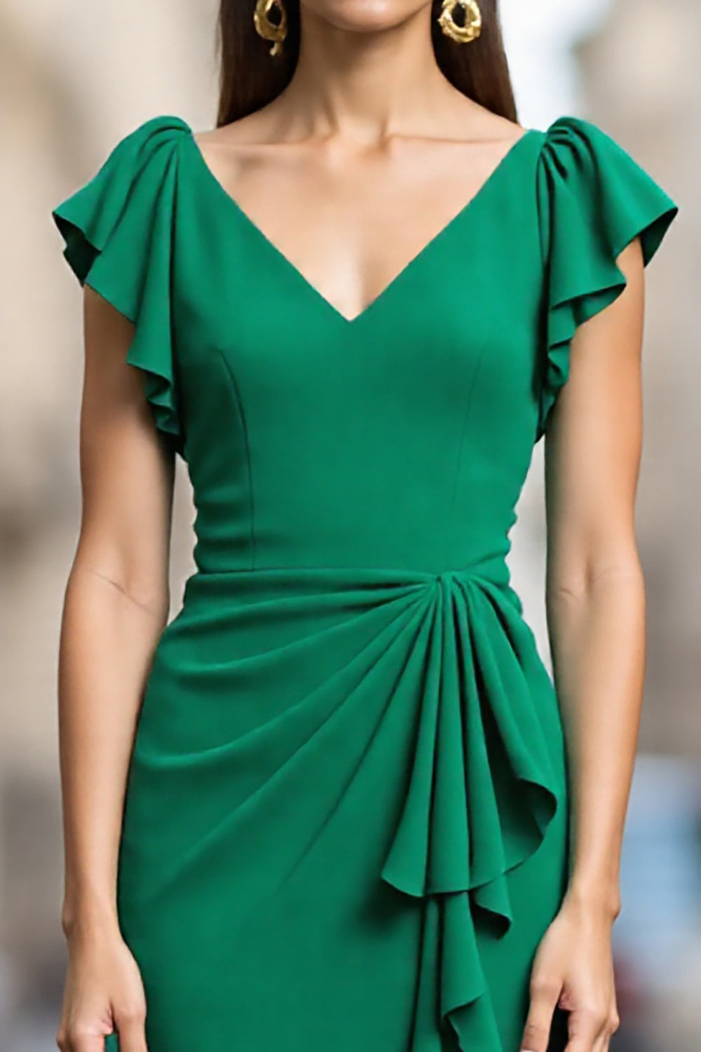 Ruffled Green Sheath V-Neck Work Dress - Image 3
