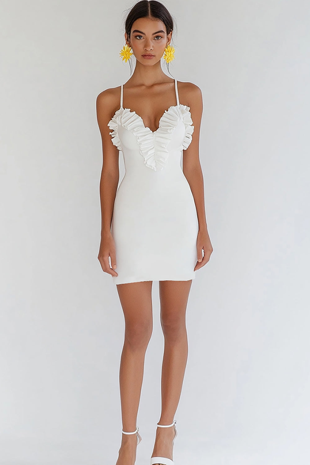 Ruffled Bodycon Spaghetti Straps Little White Dress - Image 1