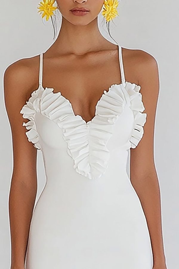 Ruffled Bodycon Spaghetti Straps Little White Dress - Image 2