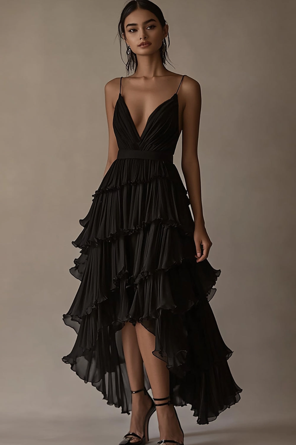 Ruffled High Low Tiered Chiffon Black Tie Dress - Image 1