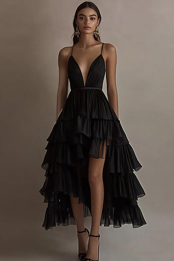 Ruffled Tiered Chiffon High Low Black Tie Dress