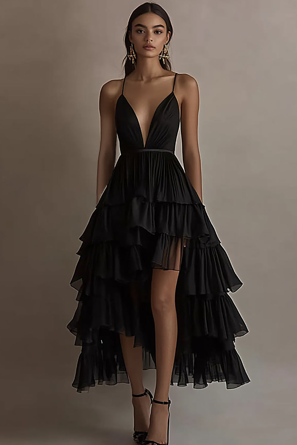Ruffled Tiered Chiffon High Low Black Tie Dress - Image 1