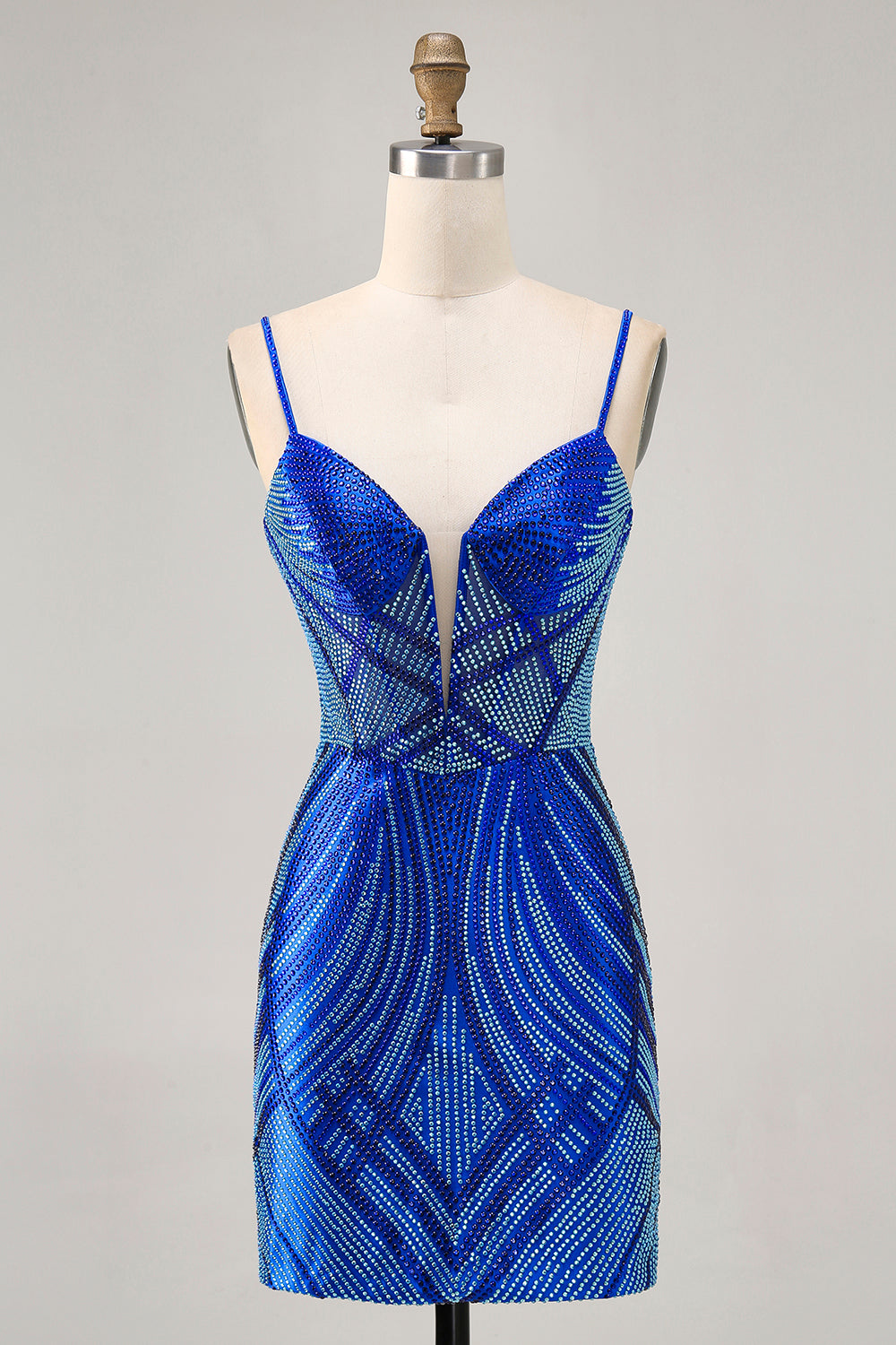 Royal Blue Spaghetti Straps Beaded Bodycon Homecoming Dress - Image 1