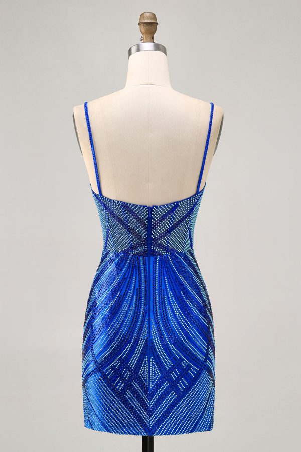 Royal Blue Spaghetti Straps Beaded Bodycon Homecoming Dress - Image 2