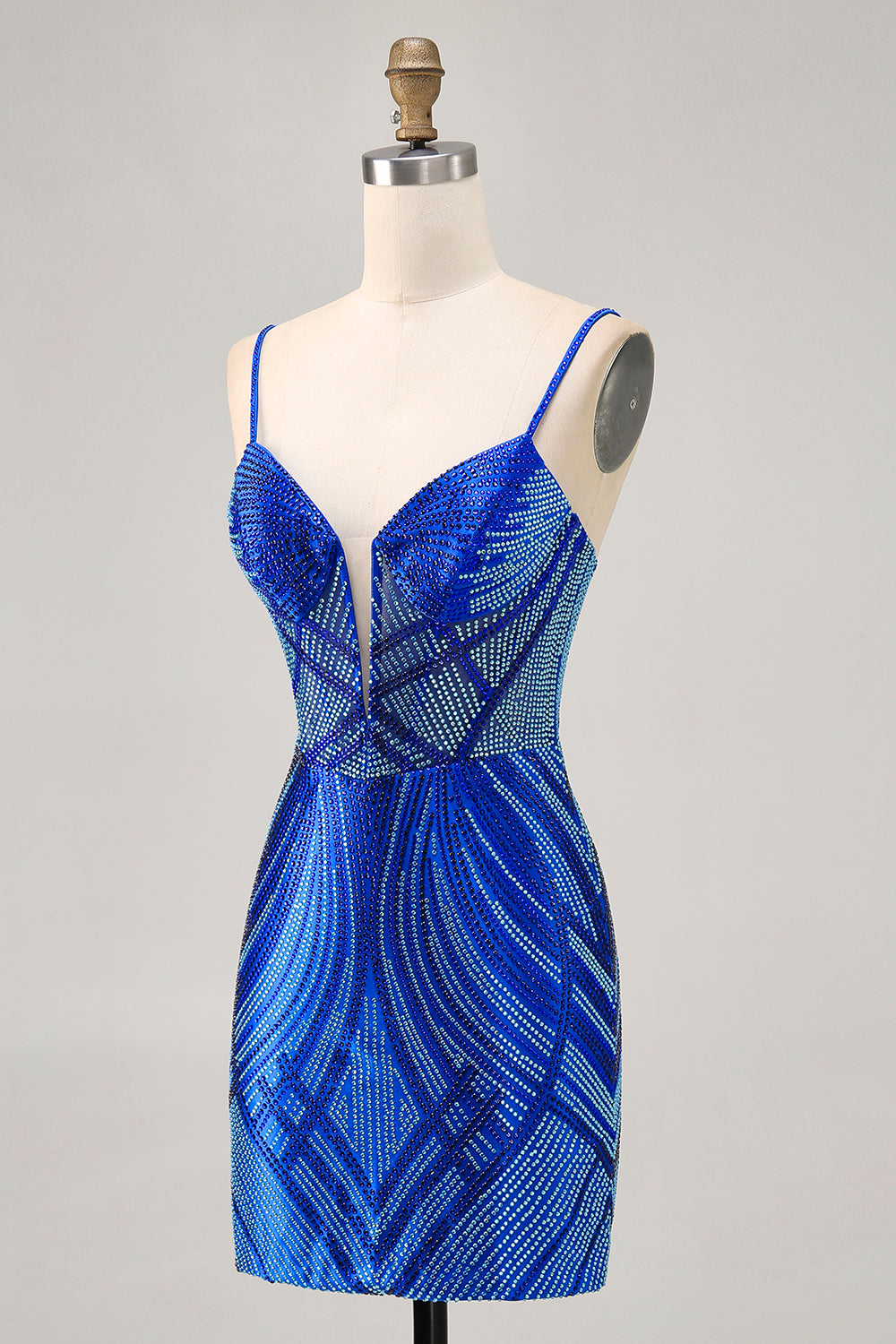 Royal Blue Spaghetti Straps Beaded Bodycon Homecoming Dress - Image 5