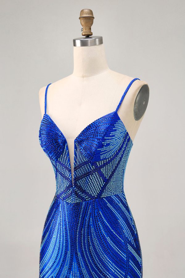 Royal Blue Spaghetti Straps Beaded Bodycon Homecoming Dress - Image 8
