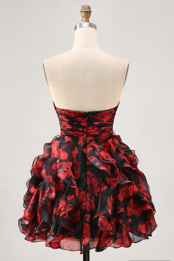 Ruffled Strapless Cut Out Printed Black Red Homecoming Dress - Image 2