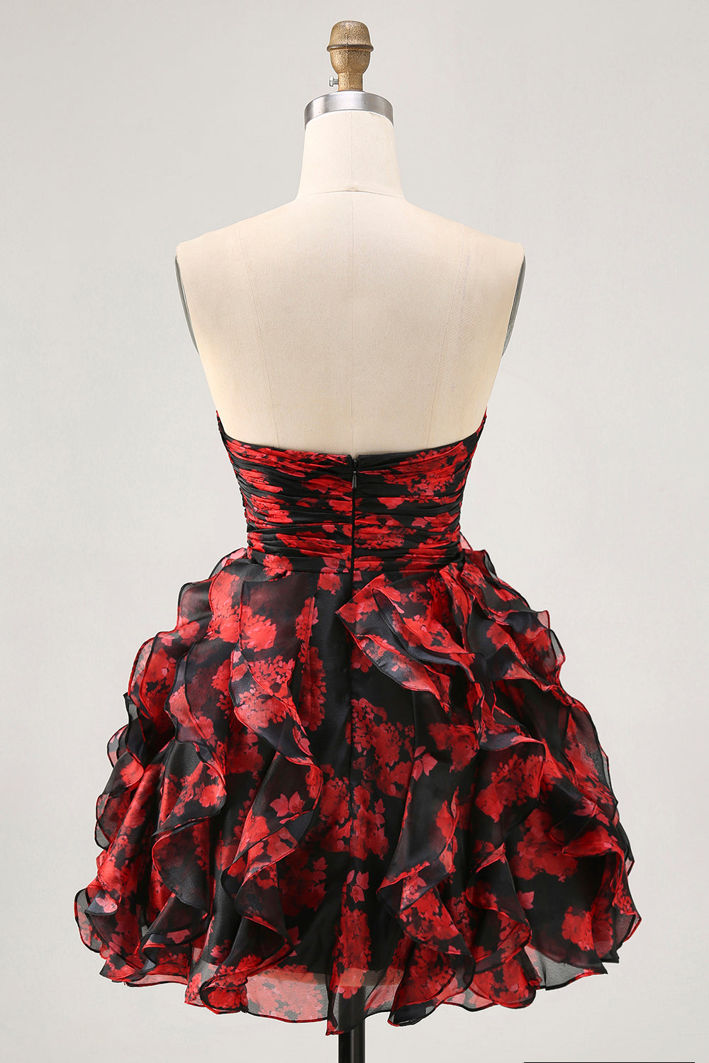 Ruffled Strapless Cut Out Printed Black Red Homecoming Dress - Image 2