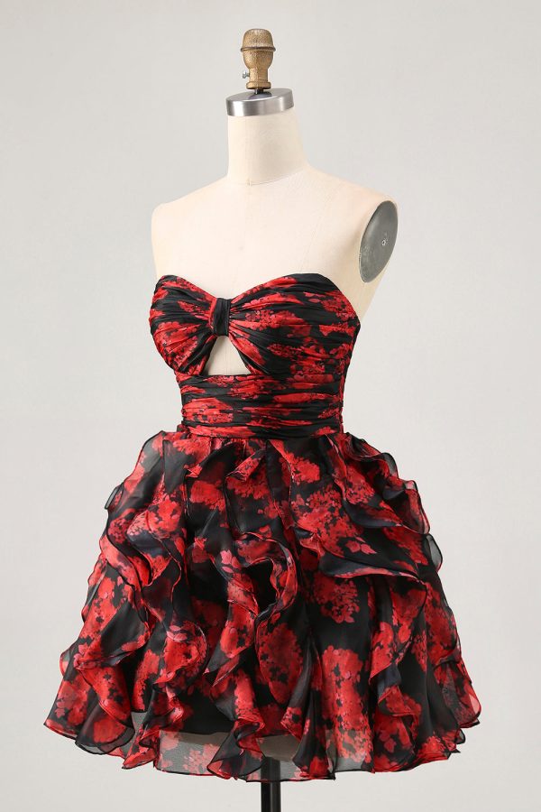 Ruffled Strapless Cut Out Printed Black Red Homecoming Dress - Image 3