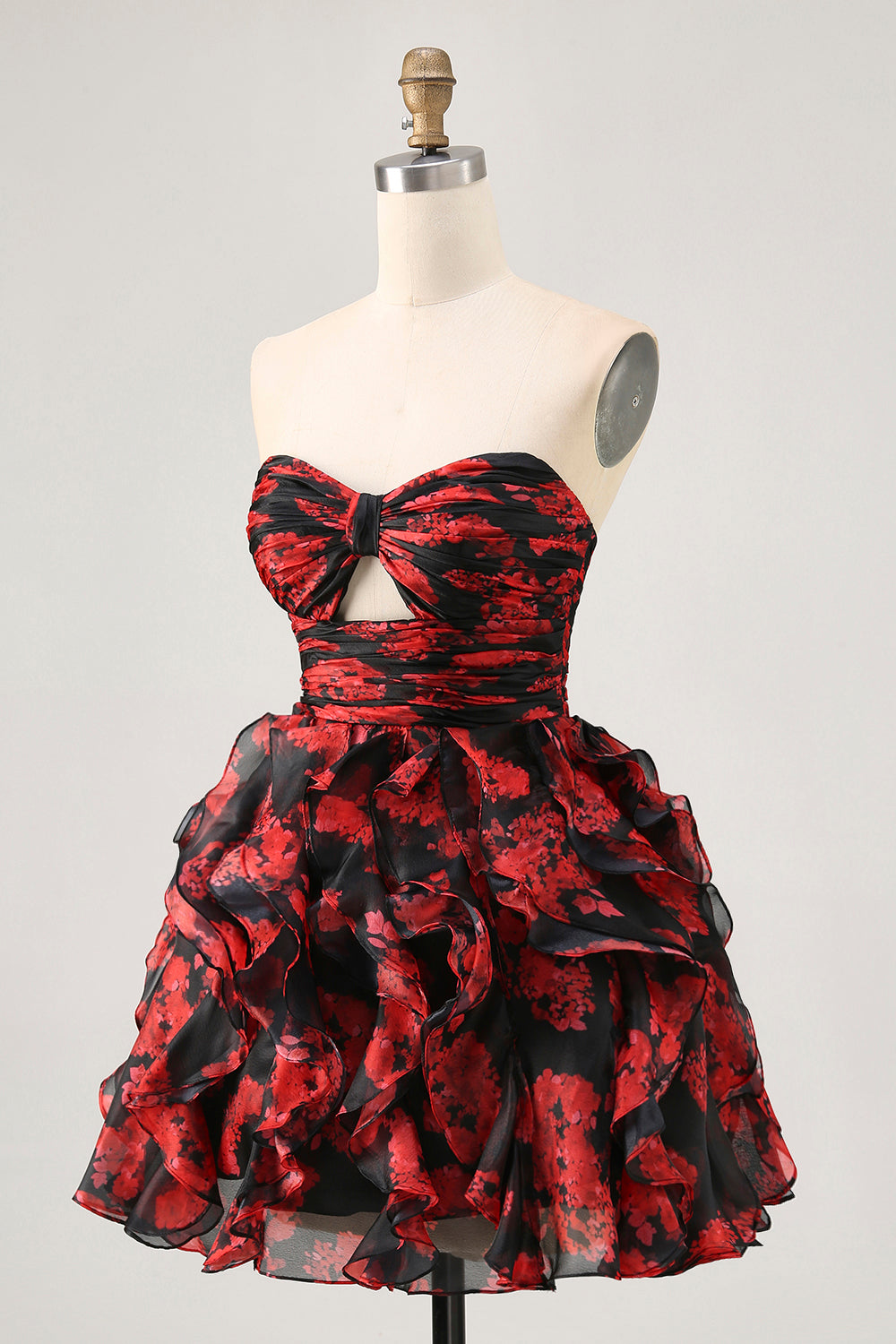 Ruffled Strapless Cut Out Printed Black Red Homecoming Dress - Image 3