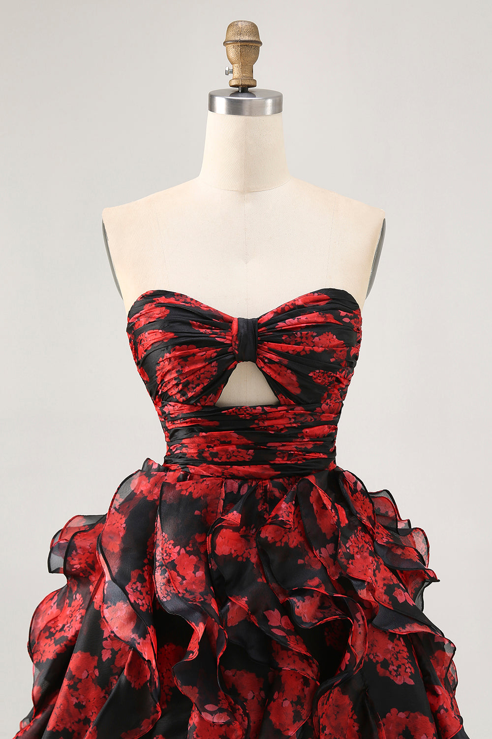 Ruffled Strapless Cut Out Printed Black Red Homecoming Dress - Image 4