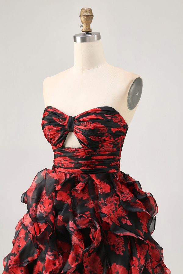 Ruffled Strapless Cut Out Printed Black Red Homecoming Dress - Image 6
