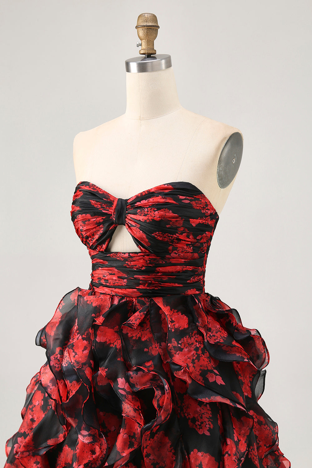 Ruffled Strapless Cut Out Printed Black Red Homecoming Dress - Image 6