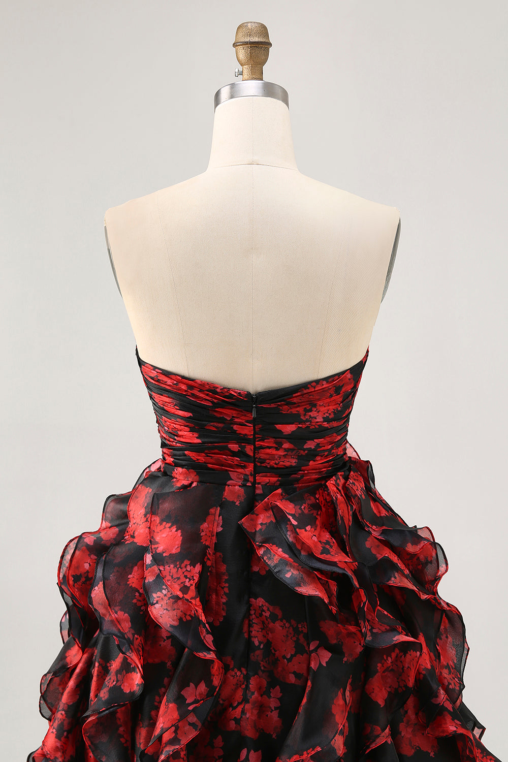 Ruffled Strapless Cut Out Printed Black Red Homecoming Dress - Image 5