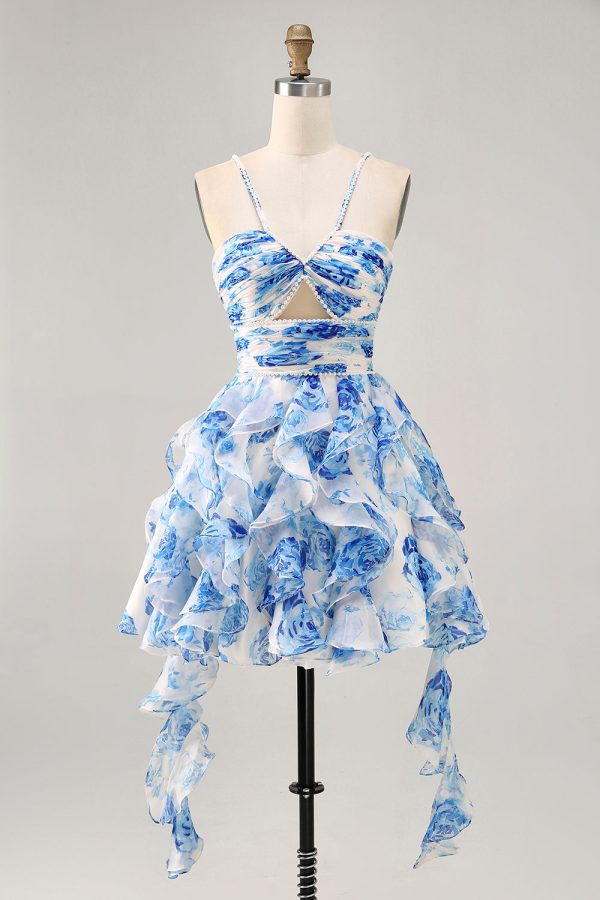 Ruffle Halter White Fuchsia Flower Printed Homecoming Dress with Pearls - Image 8