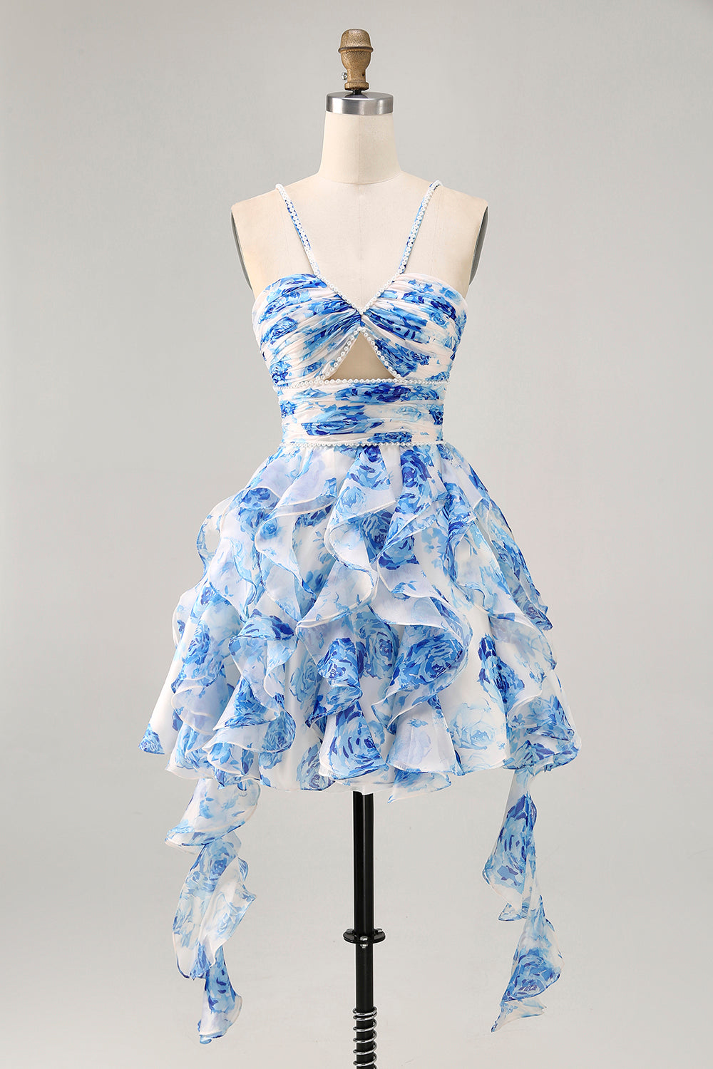 Ruffle Halter White Fuchsia Flower Printed Homecoming Dress with Pearls - Image 8