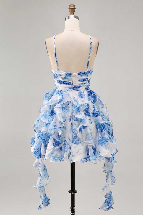 Ruffle Halter White Fuchsia Flower Printed Homecoming Dress with Pearls - Image 9