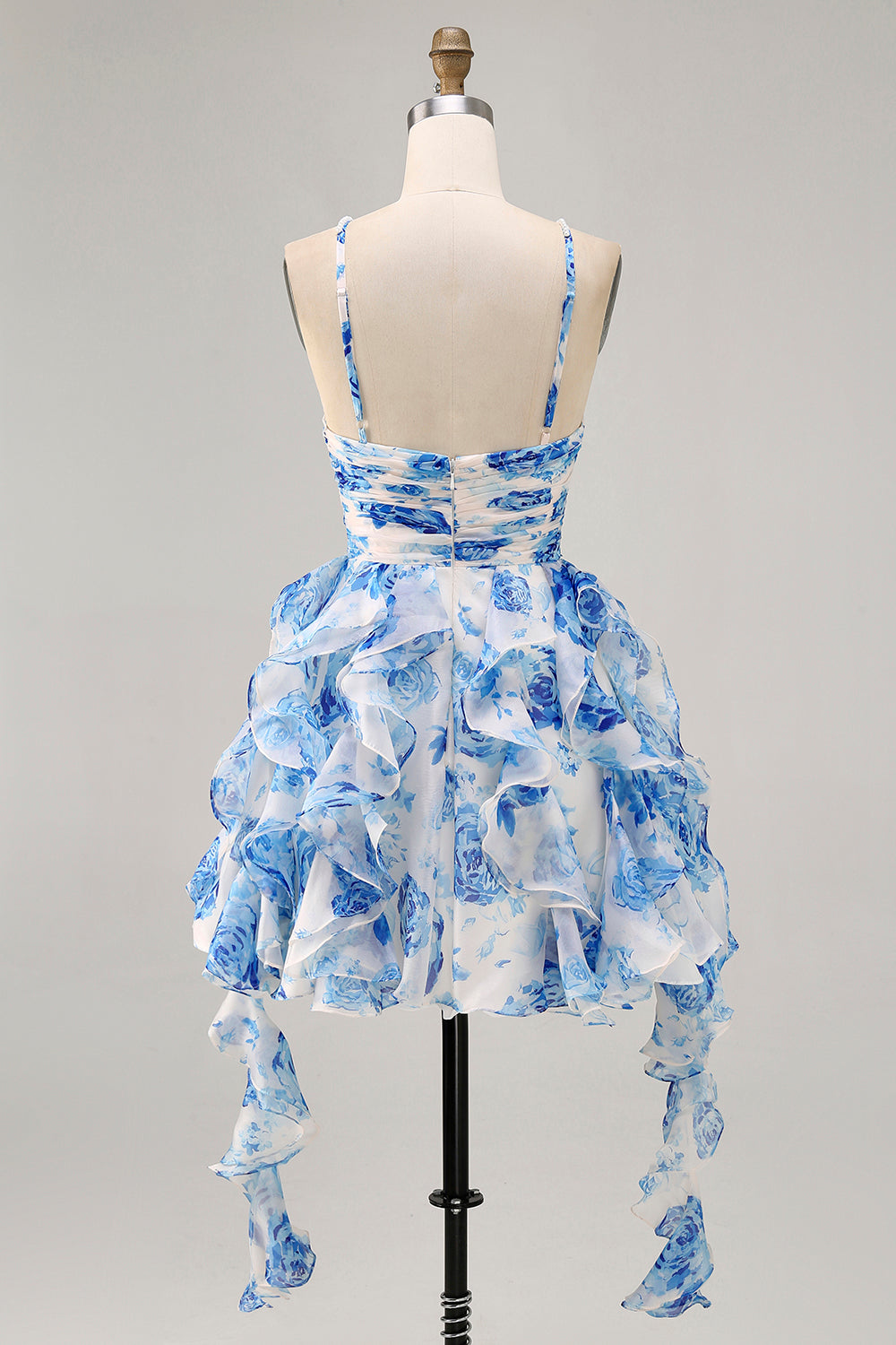 Ruffle Halter White Fuchsia Flower Printed Homecoming Dress with Pearls - Image 9