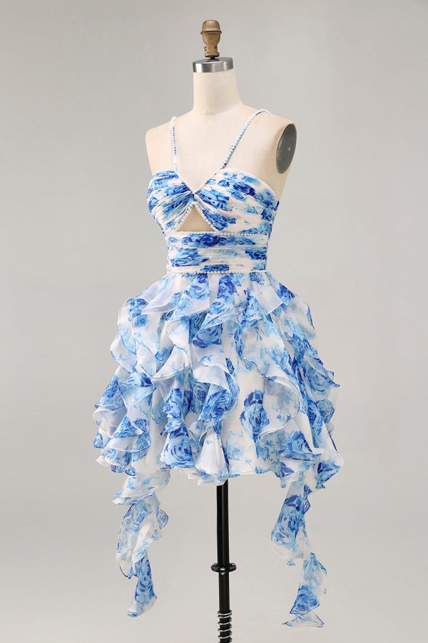 Ruffle Halter White Fuchsia Flower Printed Homecoming Dress with Pearls - Image 10