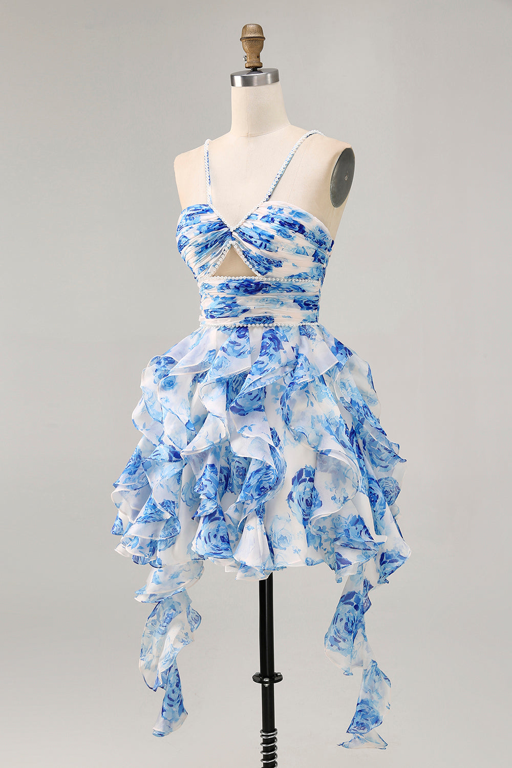 Ruffle Halter White Fuchsia Flower Printed Homecoming Dress with Pearls - Image 10