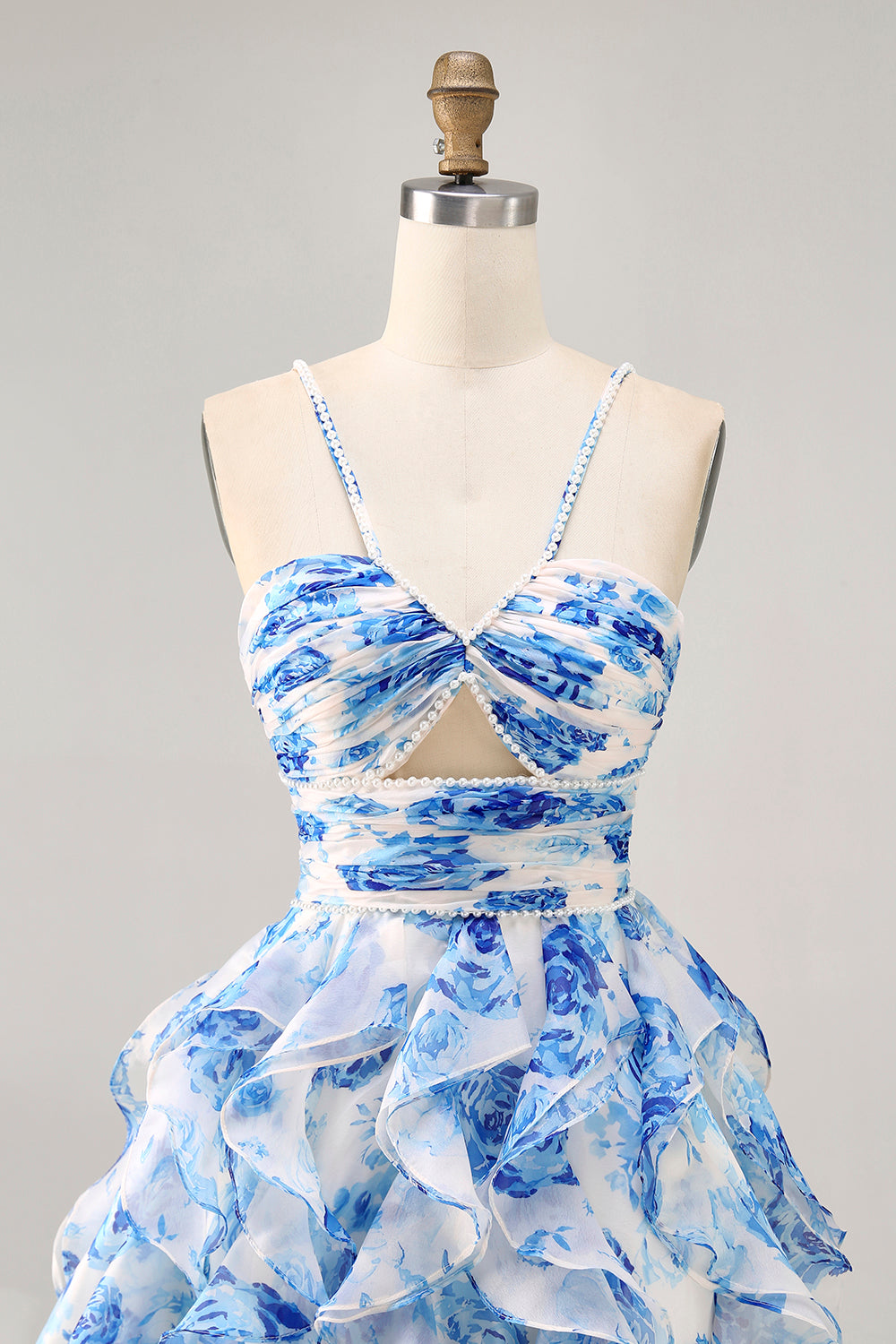 Ruffle Halter White Fuchsia Flower Printed Homecoming Dress with Pearls - Image 11