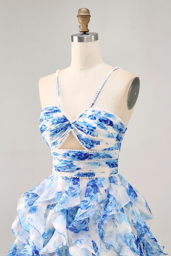 Ruffle Halter White Fuchsia Flower Printed Homecoming Dress with Pearls - Image 13