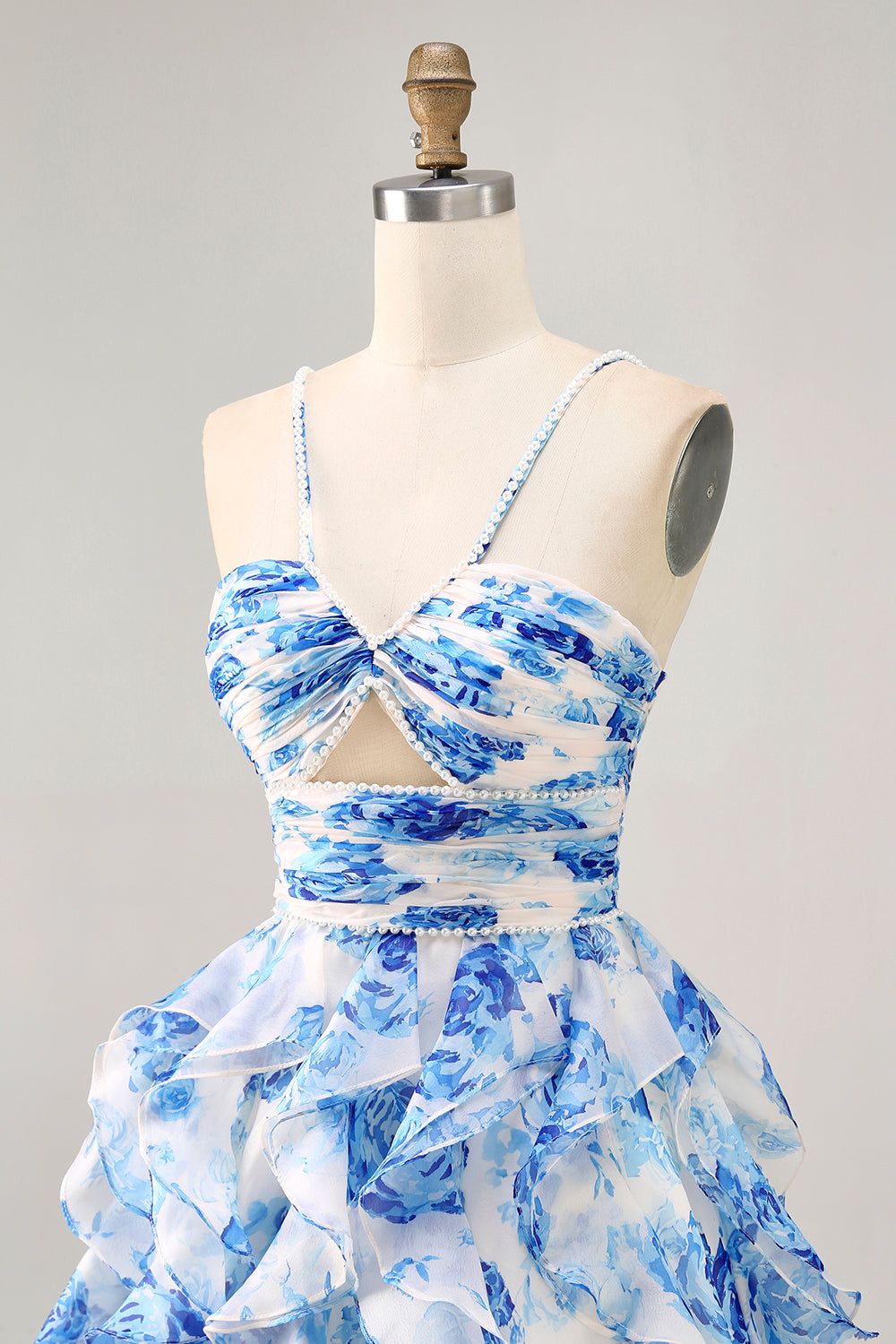 Ruffle Halter White Fuchsia Flower Printed Homecoming Dress with Pearls - Image 13