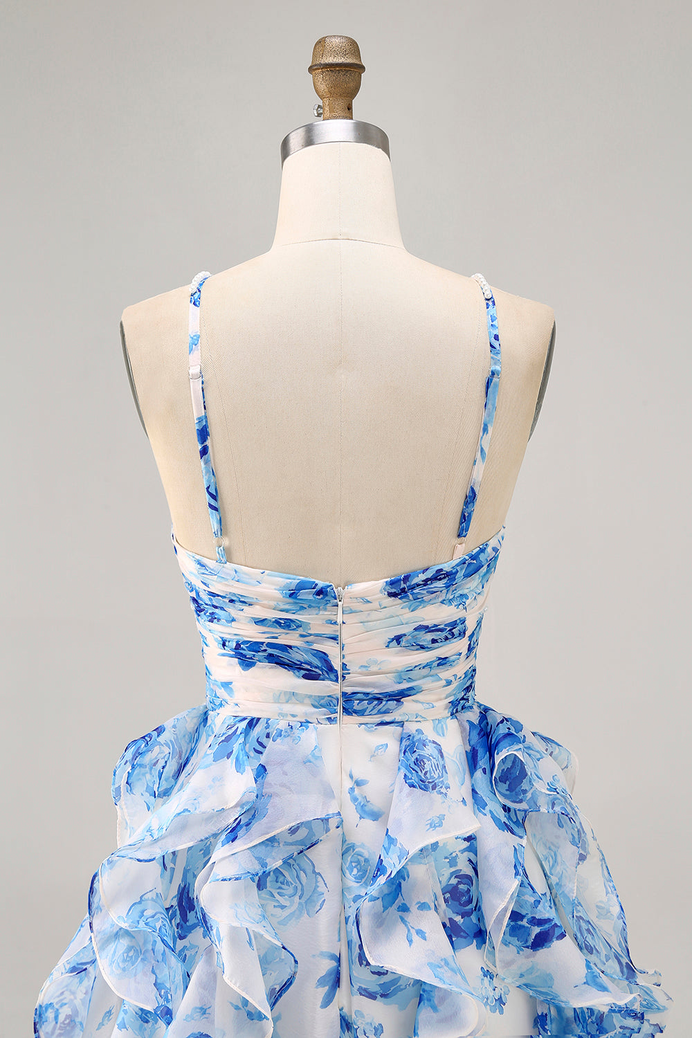 Ruffle Halter White Fuchsia Flower Printed Homecoming Dress with Pearls - Image 12