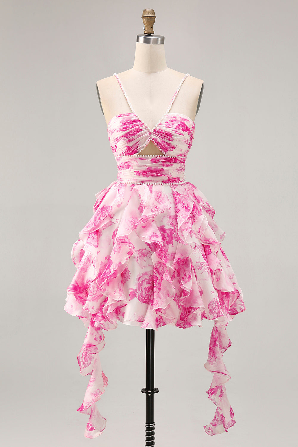 Ruffle Halter White Fuchsia Flower Printed Homecoming Dress with Pearls - Image 1