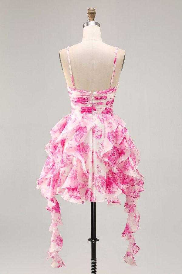 Ruffle Halter White Fuchsia Flower Printed Homecoming Dress with Pearls - Image 2