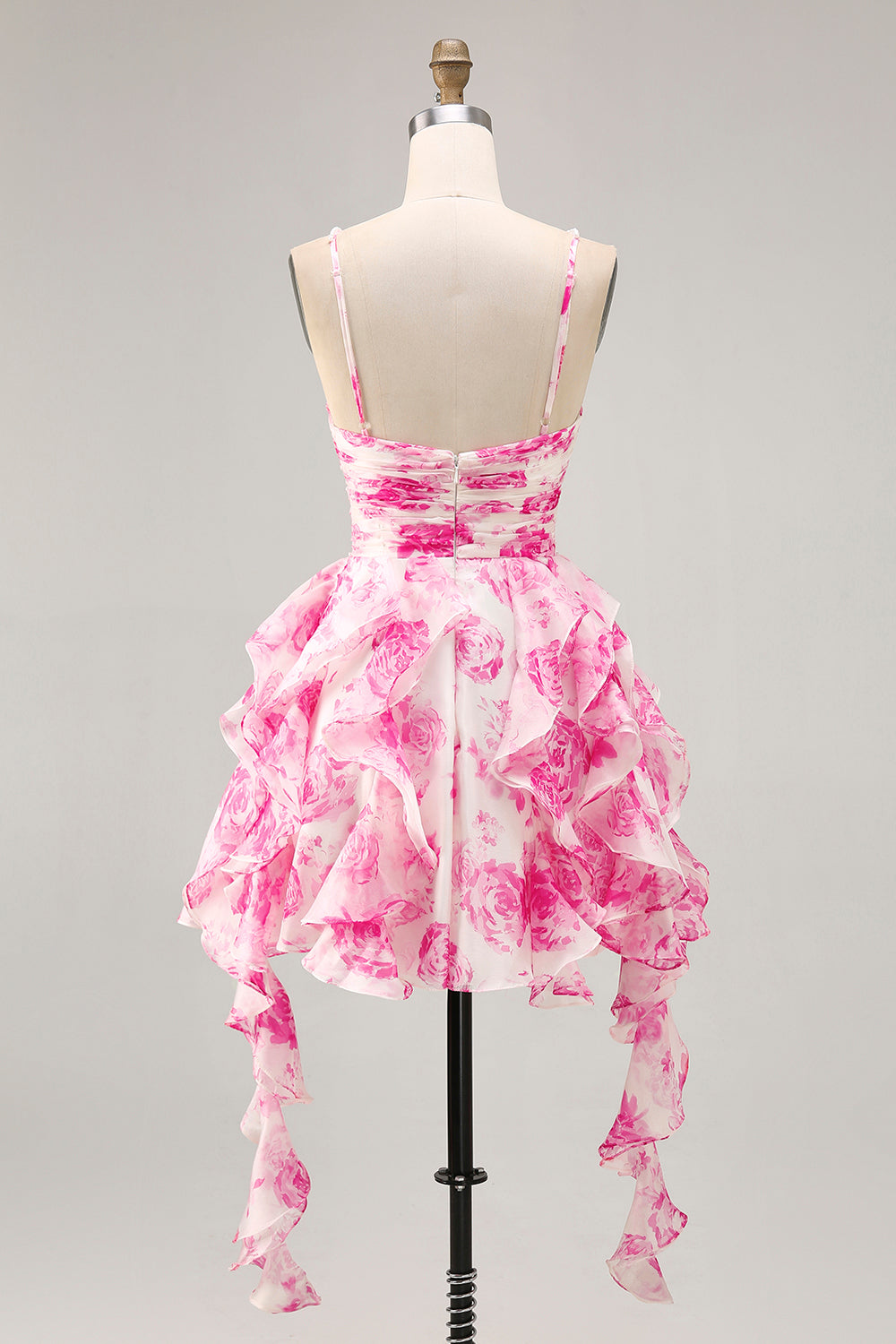 Ruffle Halter White Fuchsia Flower Printed Homecoming Dress with Pearls - Image 2