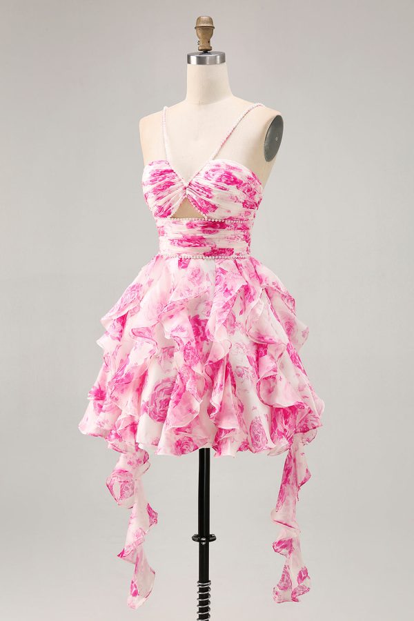 Ruffle Halter White Fuchsia Flower Printed Homecoming Dress with Pearls - Image 3