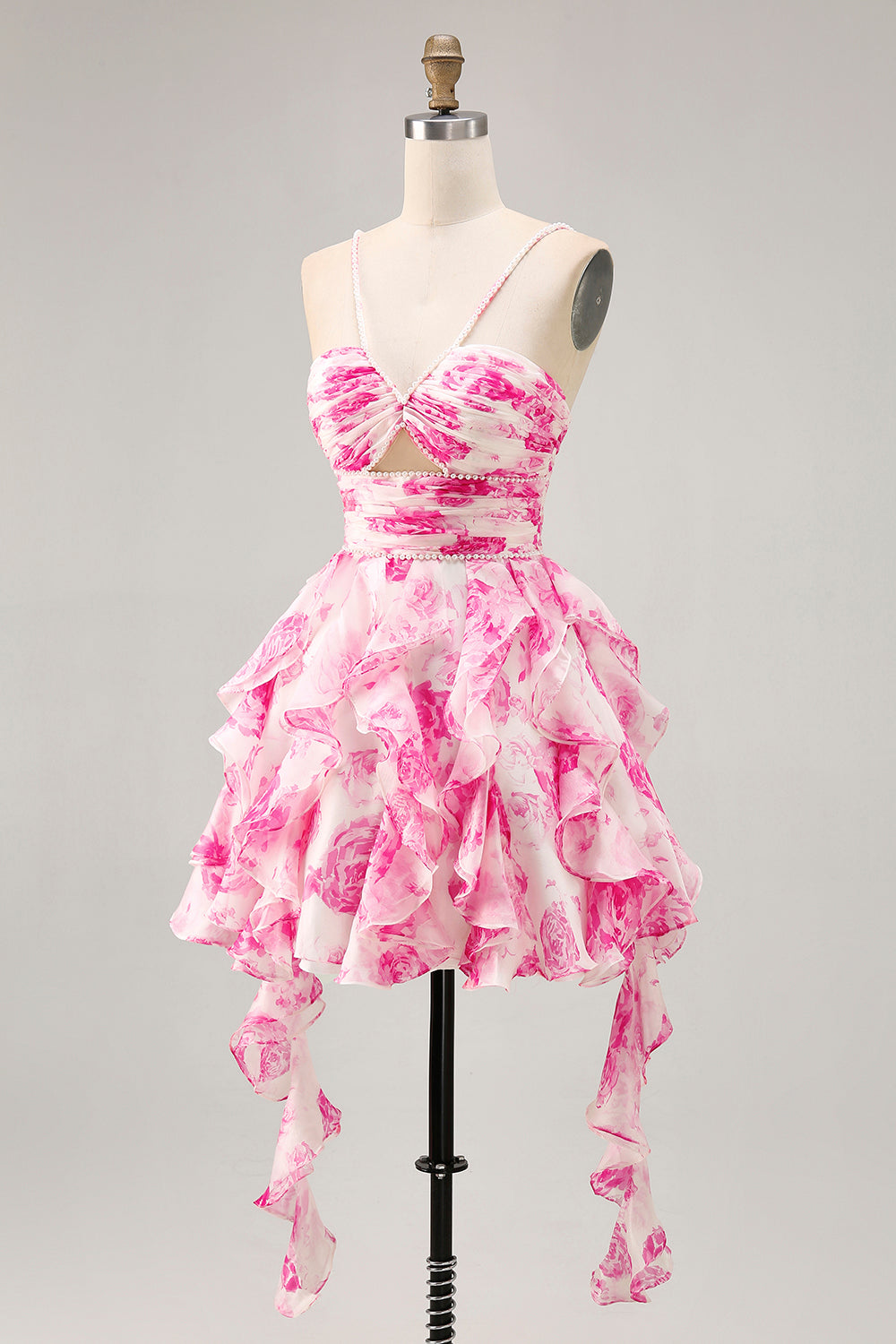 Ruffle Halter White Fuchsia Flower Printed Homecoming Dress with Pearls - Image 3