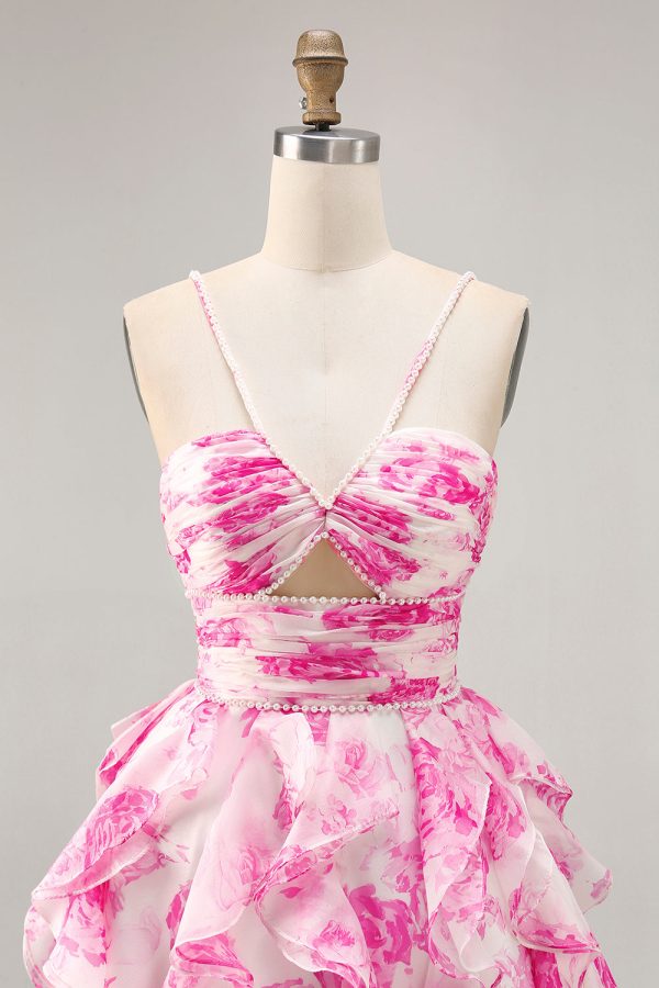 Ruffle Halter White Fuchsia Flower Printed Homecoming Dress with Pearls - Image 4
